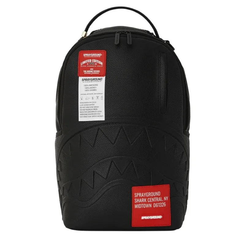 Mochila Sprayground Shark Central Care Label negra vista frontal