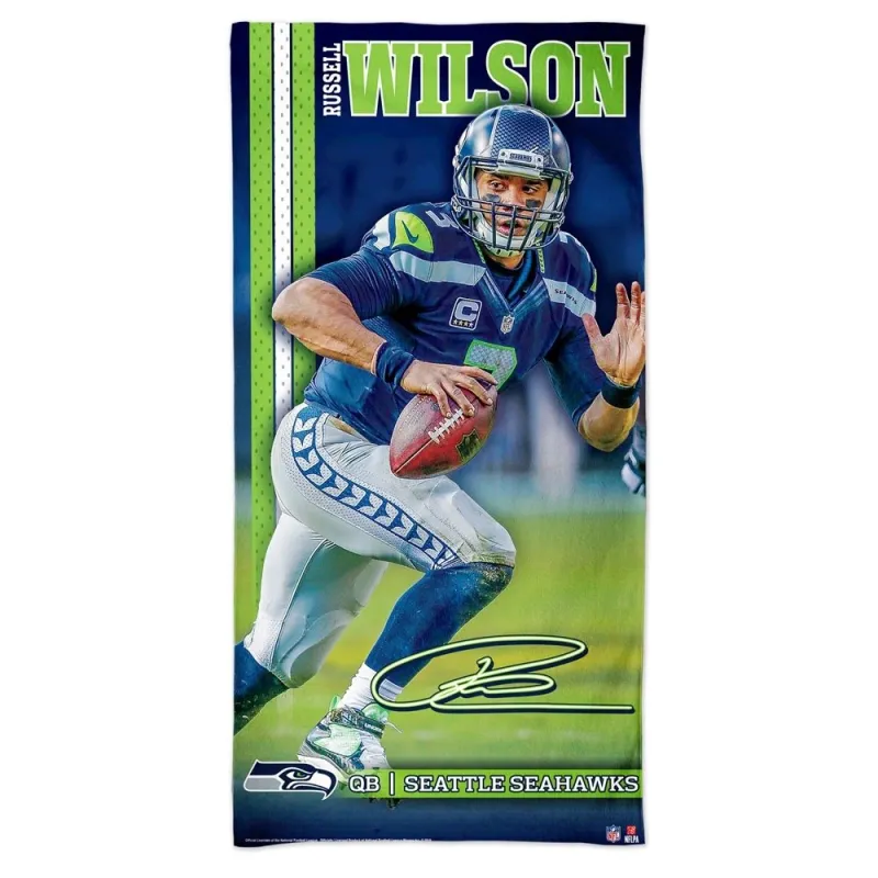 Toalla Russell Wilson Seattle Seahawks azul y verde