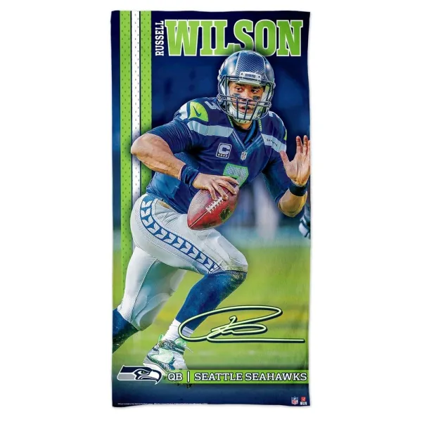 Toalla Russell Wilson Seattle Seahawks azul y verde