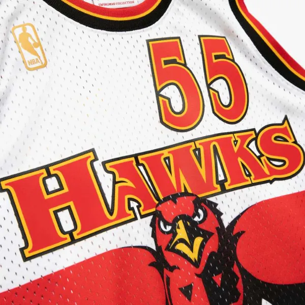 Dikembe Mutombo Atlanta Hawks blanca de Mitchell and Ness detalles Dikembe Mutombo Atlanta Hawks blanca de Mitchell and Ness detalles