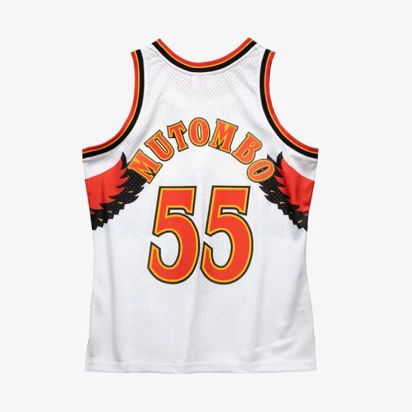 Dikembe Mutombo Atlanta Hawks blanca de Mitchell and Ness trasera Dikembe Mutombo Atlanta Hawks blanca de Mitchell and Ness trasera