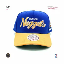 Gorra curva Denver Nuggets mitchell and ness azul y amarilla frontal