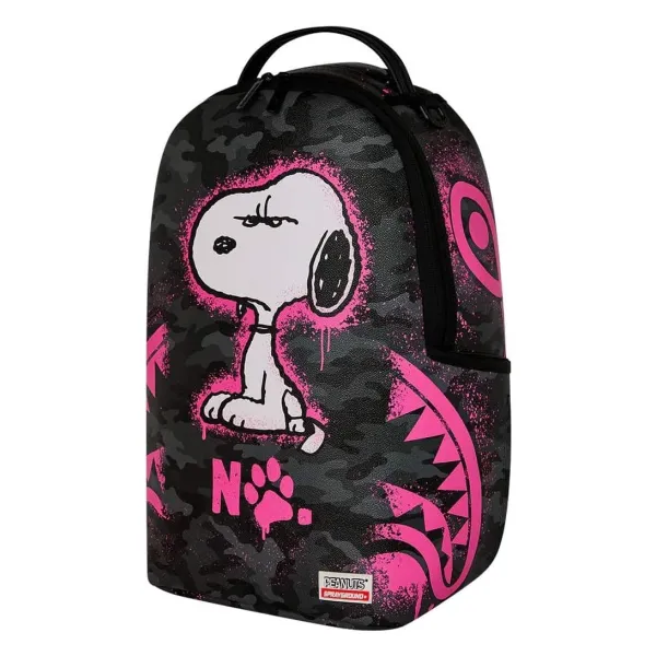Mochila Sprayground Snoopy Pink Stencil negra y rosa de lado