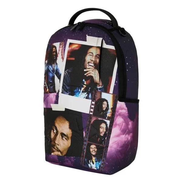 Mochila Sprayground Bob Marley The Legend Forever B9276 con collage de retratos sobre fondo violeta - 5