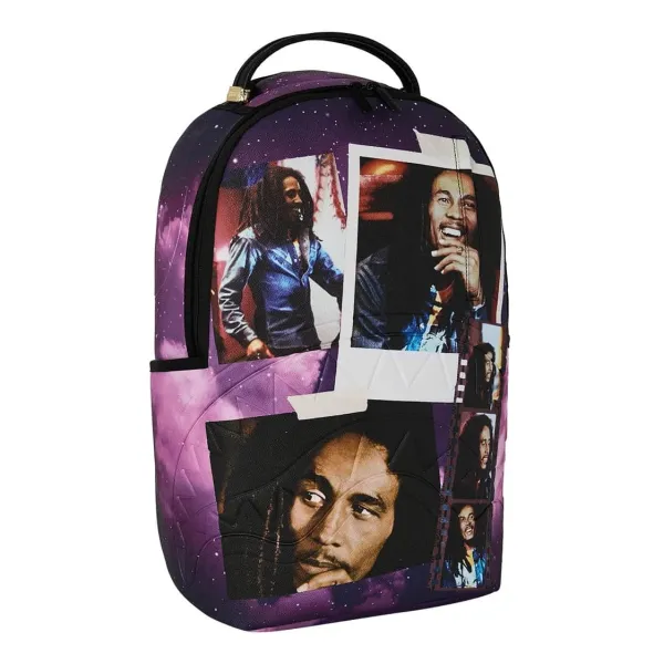 Mochila Sprayground Bob Marley The Legend Forever B9276 con collage de retratos sobre fondo violeta - 6