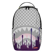 Mochila Sprayground Cream Space Drip B8453 con cuadros claros, boca rosa y goteo violeta