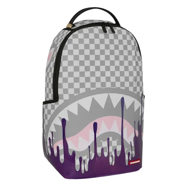Mochila Sprayground Cream Space Drip B8453 con cuadros claros, boca rosa y goteo violeta Mochila Sprayground Cream Space Drip B8453 con cuadros claros, boca rosa y goteo violeta