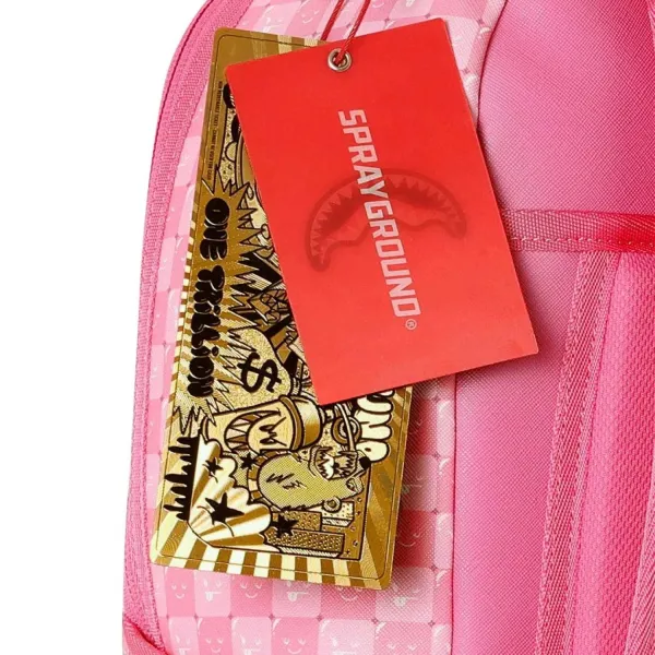 Mochila Sprayground Pink New Check Faces B8715 rosa con cuadros, pequeñas caras y boca de tiburón - etiquetas y billete Mochila Sprayground Pink New Check Faces B8715 rosa con cuadros, pequeñas caras y boca de tiburón - etiquetas y billete