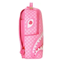 Mochila Sprayground Pink New Check Faces B8715 rosa con cuadros, pequeñas caras y boca de tiburón - lado Mochila Sprayground Pink New Check Faces B8715 rosa con cuadros, pequeñas caras y boca de tiburón - lado