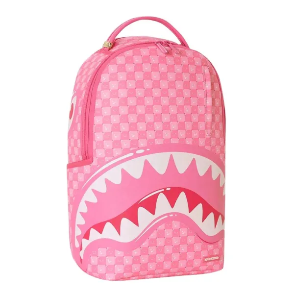 Mochila Sprayground Pink New Check Faces B8715 rosa con cuadros, pequeñas caras y boca de tiburón - lateral 2 Mochila Sprayground Pink New Check Faces B8715 rosa con cuadros, pequeñas caras y boca de tiburón - lateral 2