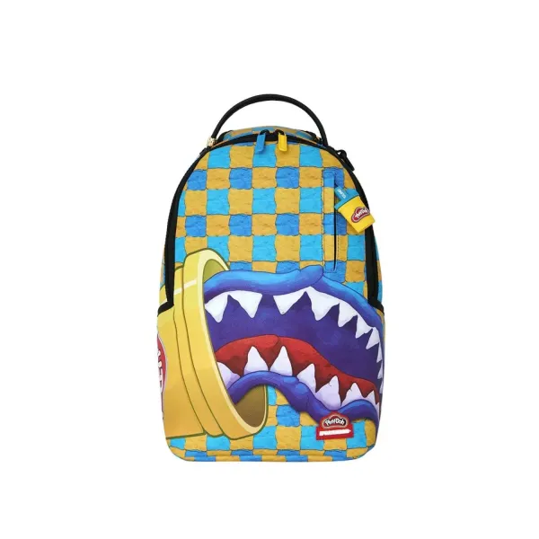Mochila MINI Sprayground Play-Doh M9568 con cuadros azules y amarillos y boca de tiburón - frontal