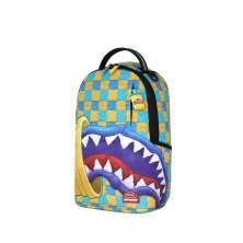 Mochila MINI Sprayground Play-Doh M9568 con cuadros azules y amarillos y boca de tiburón - lateral