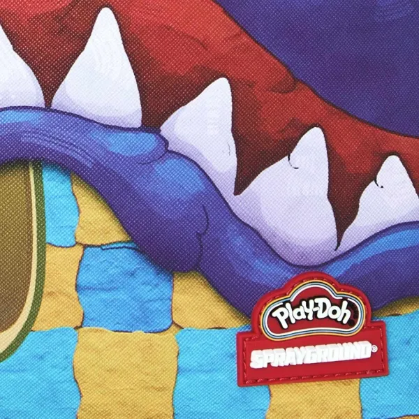Mochila MINI Sprayground Play-Doh M9568 con cuadros azules y amarillos y boca de tiburón - etiqueta
