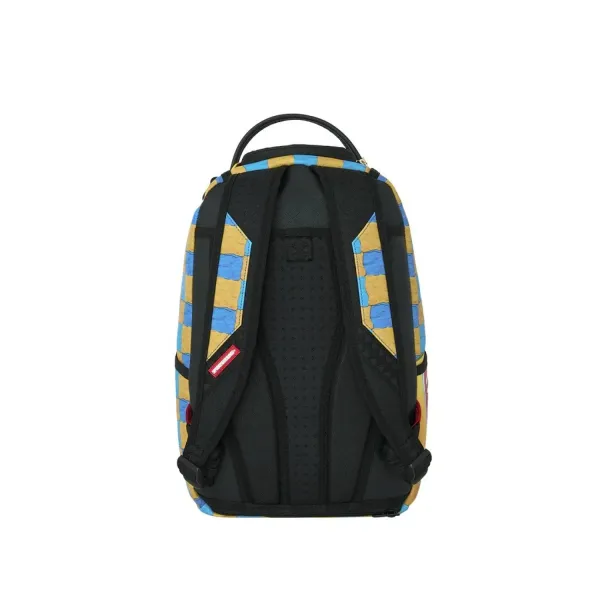 Mochila MINI Sprayground Play-Doh M9568 con cuadros azules y amarillos y boca de tiburón - trasera