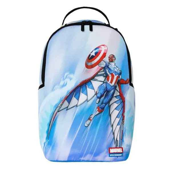 Mochila Sprayground Marvel Capitán América Sam Wilson B9125 azul con alas desplegadas y escudo - frontal Mochila Sprayground Marvel Capitán América Sam Wilson B9125 azul con alas desplegadas y escudo - frontal