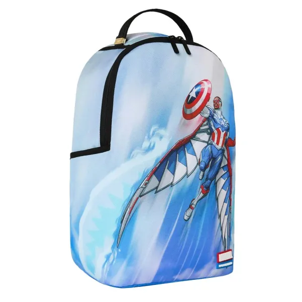 Mochila Sprayground Marvel Capitán América Sam Wilson B9125 azul con alas desplegadas y escudo - lado 2 Mochila Sprayground Marvel Capitán América Sam Wilson B9125 azul con alas desplegadas y escudo - lado 2