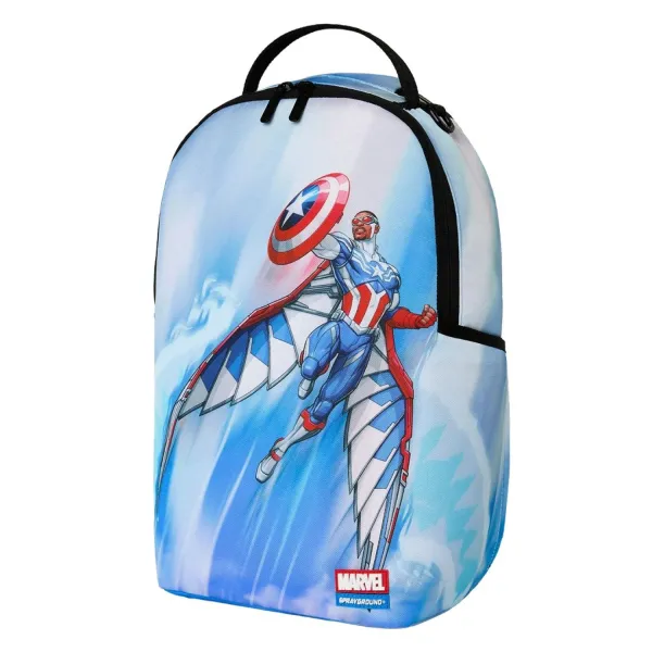 Mochila Sprayground Marvel Capitán América Sam Wilson B9125 azul con alas desplegadas y escudo - lado 3 Mochila Sprayground Marvel Capitán América Sam Wilson B9125 azul con alas desplegadas y escudo - lado 3