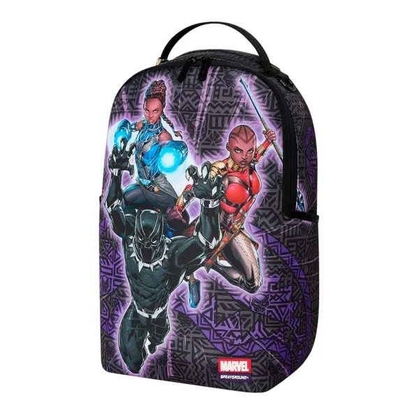 Mochila Sprayground Marvel Black Panther B9120 con Shuri y Okoye en negro y violeta - lado 2 Mochila Sprayground Marvel Black Panther B9120 con Shuri y Okoye en negro y violeta - lado 2