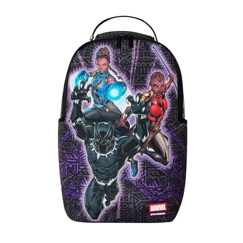 Mochila Sprayground Marvel Black Panther B9120 con Shuri y Okoye en negro y violeta - frontal