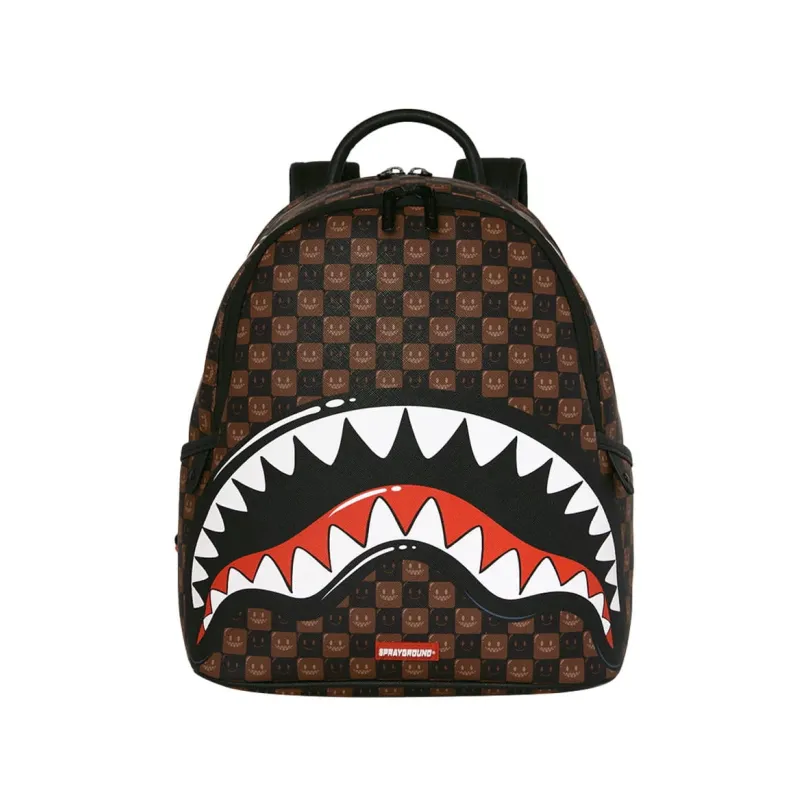 Mochila Sprayground Sharks in Paris Savage B9305 de cuadros marrones con boca de tiburón