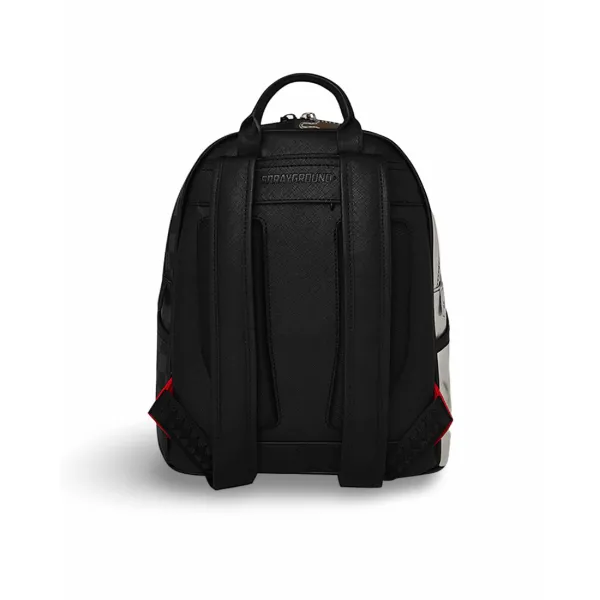 Mochila Sprayground Silver Side Drip Savage B8922 plateada y negra con boca de tiburón trasera