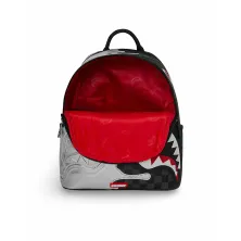 Mochila Sprayground Silver Side Drip Savage B8922 plateada y negra con boca de tiburón interior