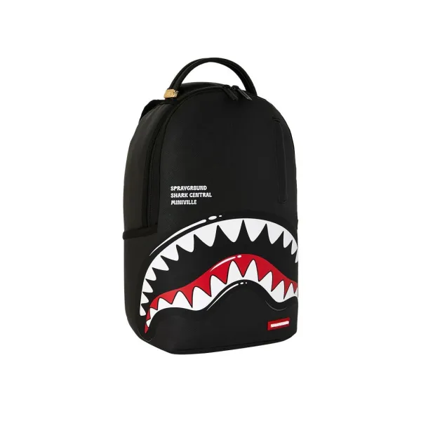 Mochila Mini Sprayground Black Toon Shark M9567 negra con boca de tiburón blanca y roja
