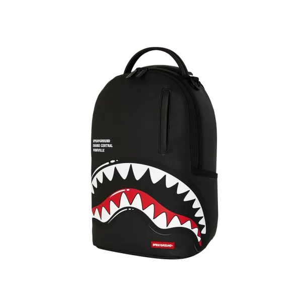 Mochila Mini Sprayground Black Toon Shark M9567 negra con boca de tiburón blanca y roja