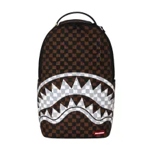 Sprayground Brown Cream Drip Check de cuadros marrones y negros, efecto goteo y boca de tiburón en blanco y gris - frontal