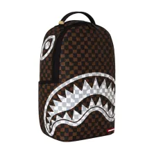 Sprayground Brown Cream Drip Check de cuadros marrones y negros, efecto goteo y boca de tiburón en blanco y gris - lateral
