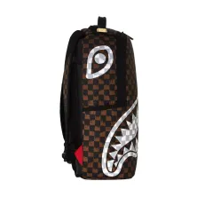Sprayground Brown Cream Drip Check de cuadros marrones y negros, efecto goteo y boca de tiburón en blanco y gris - lado