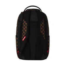 Sprayground Brown Cream Drip Check de cuadros marrones y negros, efecto goteo y boca de tiburón en blanco y gris - posterior