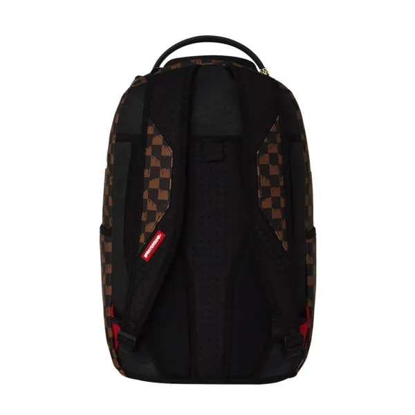 Sprayground Brown Cream Drip Check de cuadros marrones y negros, efecto goteo y boca de tiburón en blanco y gris - posterior