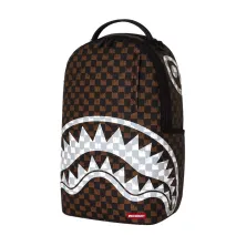 Sprayground Brown Cream Drip Check de cuadros marrones y negros, efecto goteo y boca de tiburón en blanco y gris - lado 2
