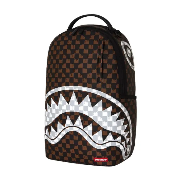 Sprayground Brown Cream Drip Check de cuadros marrones y negros, efecto goteo y boca de tiburón en blanco y gris - lado 2