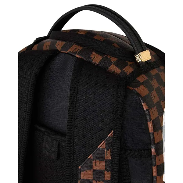 Sprayground Brown Cream Drip Check de cuadros marrones y negros, efecto goteo y boca de tiburón en blanco y gris - asa