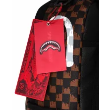 Sprayground Brown Cream Drip Check de cuadros marrones y negros, efecto goteo y boca de tiburón en blanco y gris - etiquetas