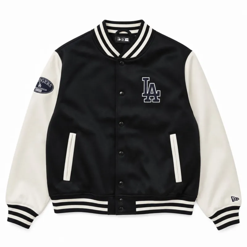 Chaqueta Bomber de Dodgers en negro con mangas blancas y cuello, puños y bajo en canalé - frontal